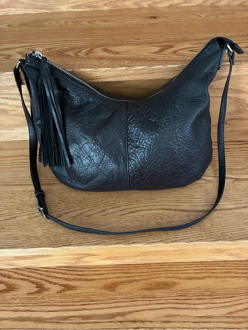 margot Black Leather Crossbody Hobo with Tassel